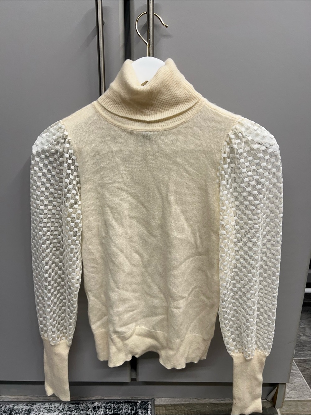 Aqua Cream Turtleneck Sweater with Sheer Textured Puff Sleeves